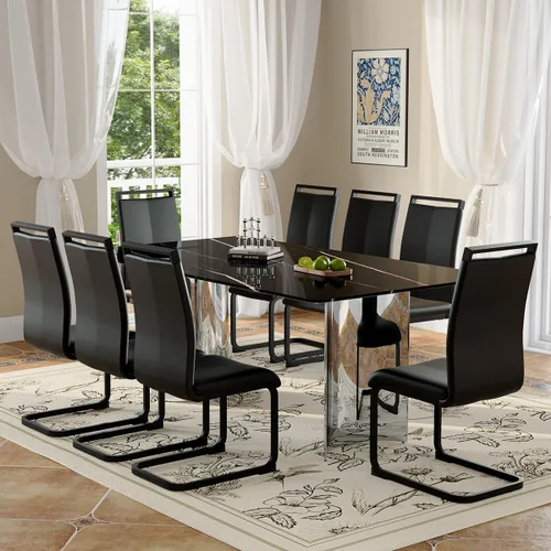 Vista 12 de Juego de mesa de comedor moderno para mesa de comedor de cristal de 6, 7 piezas, mesa de mármol sintético de 71 pulgadas con base de acero