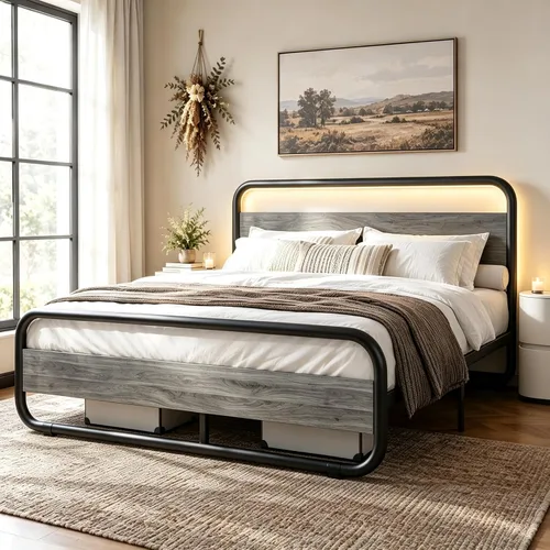 Vista 10 de Catrimown - Marco para cama individual con luces LED, marco de cama plataforma individual resistente de metal rústico con cabecera de madera Negro