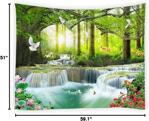 Vista 3 de YSATNSFT Tapiz de cascada, naturaleza, bosque, árbol, animales salvajes, amanecer, primavera, verano, paisaje, decoración del hogar, tapices, manta