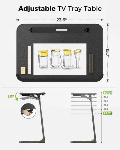 Vista 2 de SAIJI - Mesa plegable para TV, altura e inclinación, ajustable, resistente, bandeja para TV, bandejas plegables multifunción para comer, trabajar
