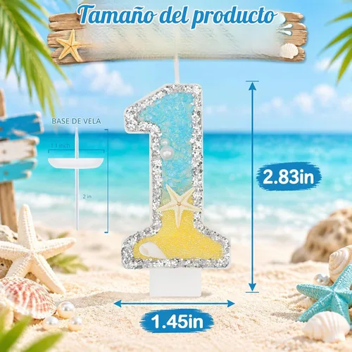 Vista 2 de Vela número 1 de estrella de mar de playa para decoración de pastel Plata