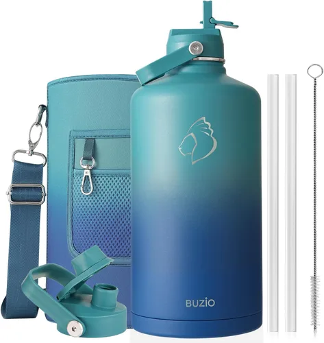 Vista 95 de BUZIO Botella de agua aislada de 24 oz, frasco de agua de boca ancha de acero inoxidable con tapa de pajita, frío durante 48 horas a prueba de Negro