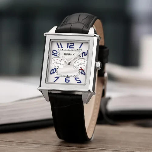 Vista 2 de BERNY Relojes cuadrados para hombre, reloj de cuarzo, calendario rectangular, reloj con correa de cuero