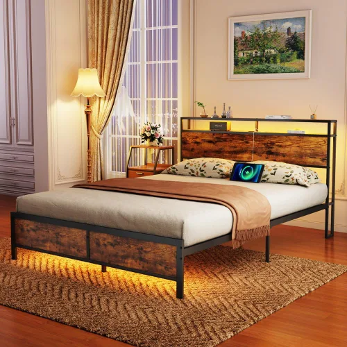 Vista 8 de Marco de cama industrial de tamaño completo con luces LED, 2 puertos USB, almacenamiento de 2 niveles, marrón rústico