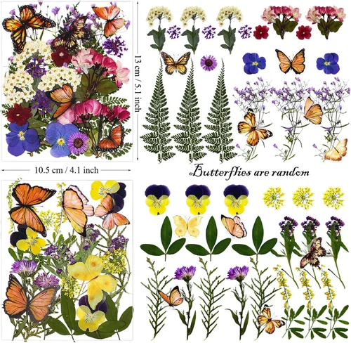 Vista 4 de 99 piezas de flores prensadas y mariposas para moldes de resina, hojas de flores naturales assortidas para pegatinas de arte DIY, manualidades