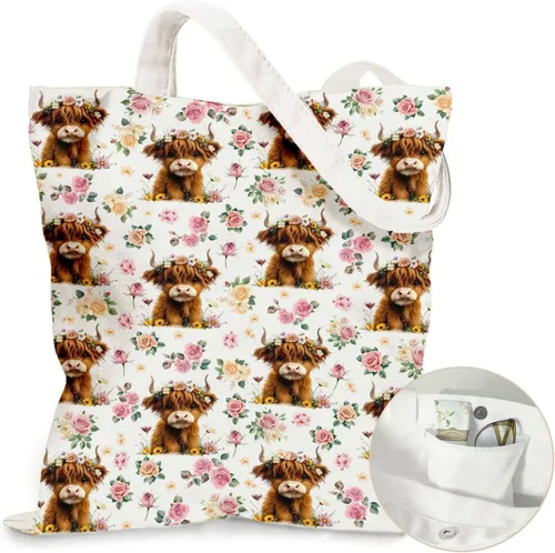 Vista 11 de Bolsa de lona estética para mujer, con cierre magnético a presión y bolsillo interior con cremallera, bolsa reutilizable