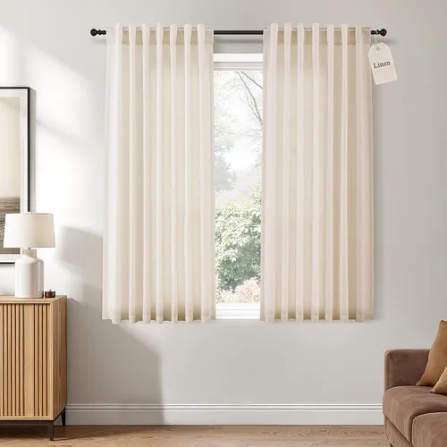 Vista 44 de Naturoom Cortinas de lino de 96 pulgadas de largo y 8 pies para sala de Crema Beige