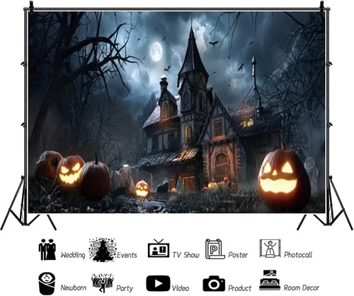Vista 3 de AOFOTO Telón de fondo de Halloween de 5 x 3 pies, luz de luna, sombrío estilo gótico, castillo, calabaza, farol, fotografía, fondo, vampiro