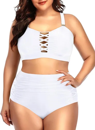 Vista 14 de Daci - Traje de baño de dos piezas para mujer, talla extragrande, cintura alta, fruncido, con cordones Negro