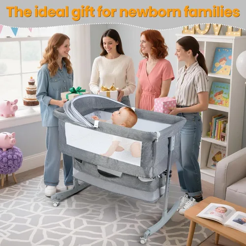 Vista 4 de 3-in-1 Bedside Crib for Baby, Adjustable Height Bassinet with Wheels, Storage Basket & Mosquito Net, Portable Baby Bed Splicing Rocking Cradle for