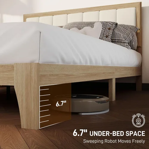 Vista 4 de HOMCOM Base de cama tamaño Queen con cabecera tapizada, marco de cama de plataforma con listones de madera, no necesita somier, fácil montaje