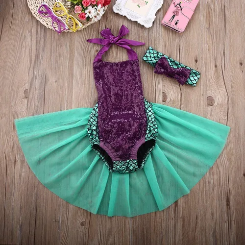 Vista 3 de Mameluco de lentejuelas para bebé niña vestido de sirena disfraz de fiesta recién nacida body brillante con diadema