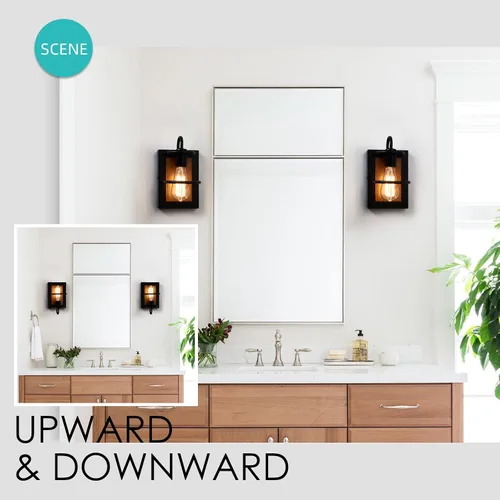 Vista 2 de Apliques de pared estilo granja, iluminación de pared industrial moderna en interior con base E26 color madera falso acabado negro mate, lámpara