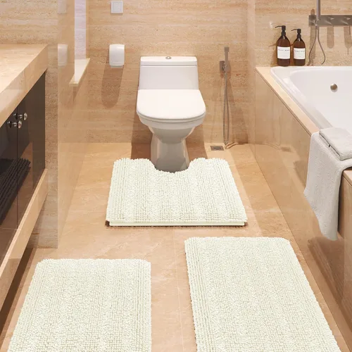 Vista 58 de ACCUMTEK - Juego de alfombras de baño a rayas beige de 3 piezas, ultrasuaves, antideslizantes de chenilla, alfombras de baño mullidas y absorbentes