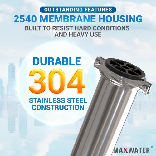 Vista 4 de Max Water Elemento de carcasa de acero inoxidable 2540 de membrana de 2.5" x 40" - Acero inoxidable 304, puertos de alimentación y drenaje NPTF