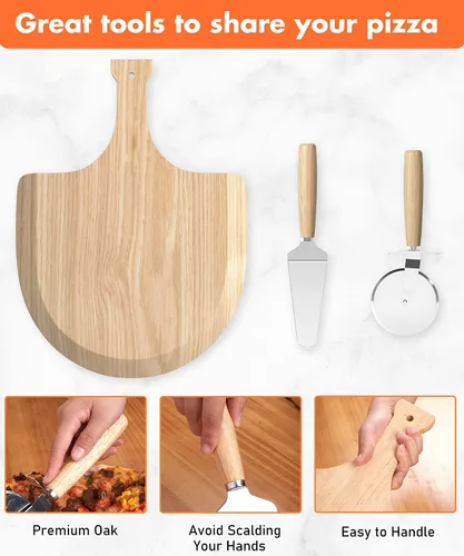 Vista 6 de SHINESTAR Pala de pizza de 12 pulgadas, paleta de madera para pizza casera, tabla de cortar natural y tabla de queso, tabla de cortar con cortador