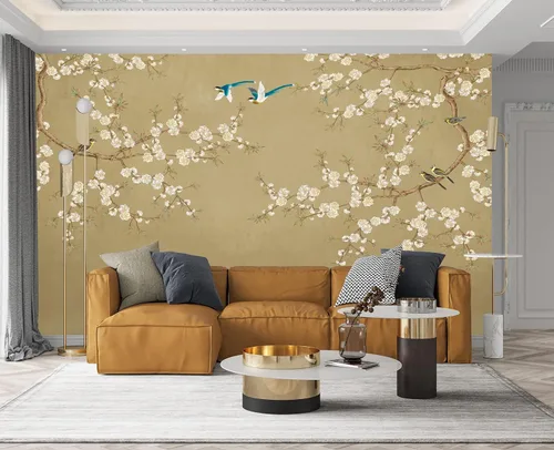Vista 14 de Papel pintado 3D de flores doradas en relieve para dormitorio, 103 x 69 pulgadas