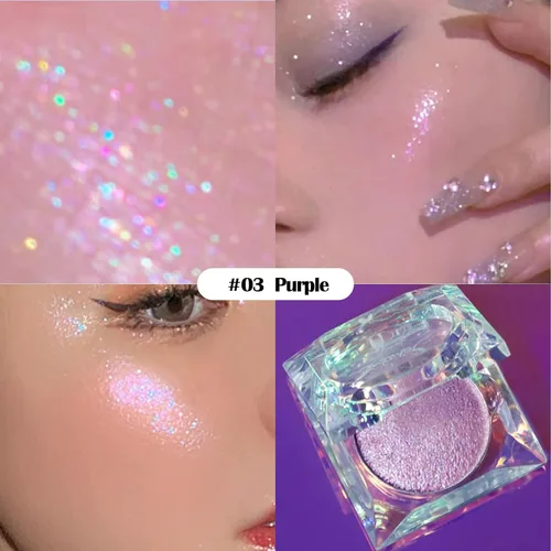 Vista 3 de Paleta de contorno de iluminador de brillo rosa morado, iluminador de cara camaleón, polvo iluminador de rostro, brillo de diamante, maquillaje