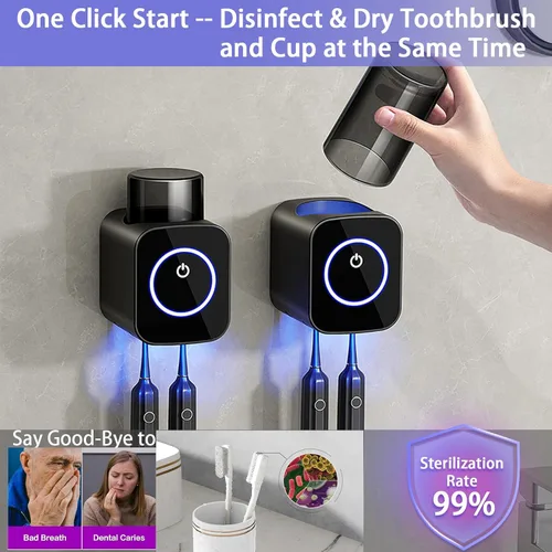 Vista 2 de Soporte para cepillos de dientes montado en la pared, 1 taza para cepillos de dientes con secado y limpieza inteligente, estuche de limpieza