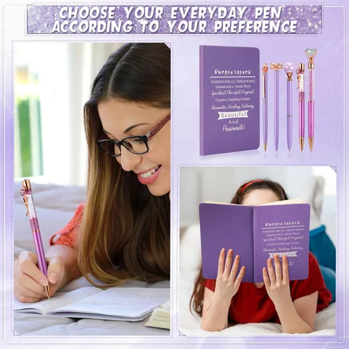 Vista 5 de Jetec 6 cuadernos morados de Navidad morados, regalos de diario de Navidad para mujeres, diario con purpurina con bolígrafos, juego de bolígrafos