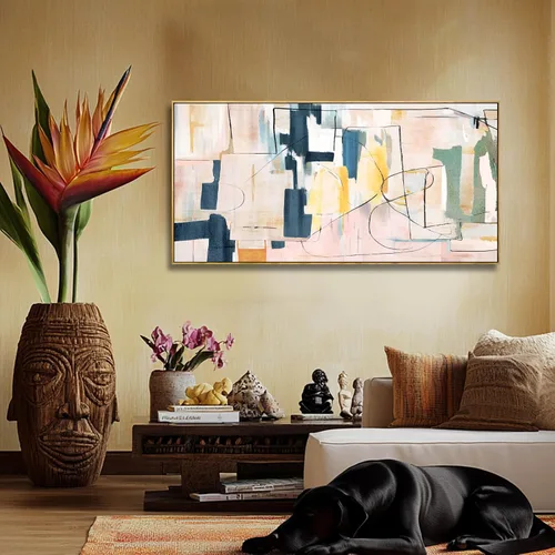 Vista 7 de Artexist Arte de Pared de Lienzo Abstracto Grande Pintura Rosa Decoración de Dormitorio Amarillo Arte Azul Marino Impresiones de Arte Fotográficas