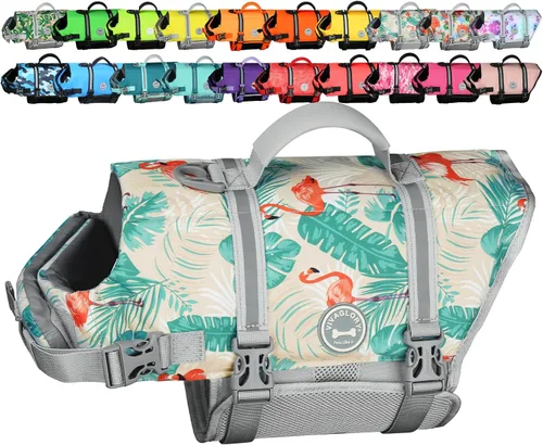 Vista 11 de VIVAGLORY Chaleco salvavidas para perros Rip Stop, chaleco de natación con asa, flotabilidad para perritos cachorros, chaleco salvavidas para perros