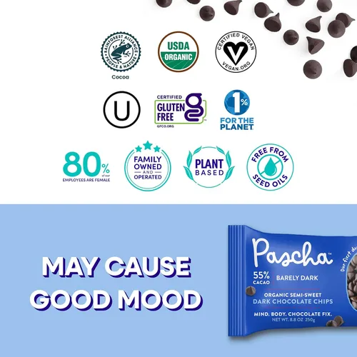 Vista 9 de Pascha Chips de chocolate negro semidulce orgánico con 55% de cacao, chips para hornear a granel, chocolate vegano suave para hornear, sin alérgenos