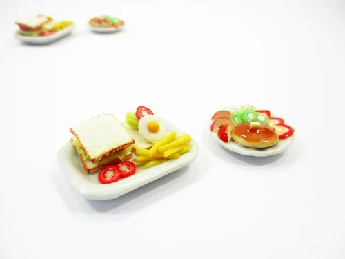 Vista 4 de Casa de muñecas Miniatura Comida 2 Desayuno Mantequilla Panqueque Cerámica Plato 16172 Butter pancakes clay food snacks set, mini 2 morning meal
