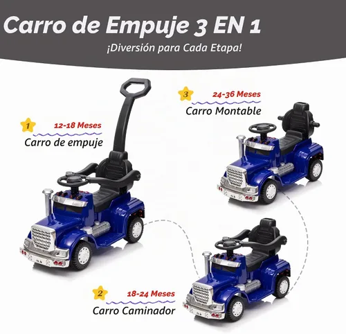 Vista 6 de Outfunny Coche de empuje 3 en 1 para niños pequeños de 1 a 3 años con mango y música Azul