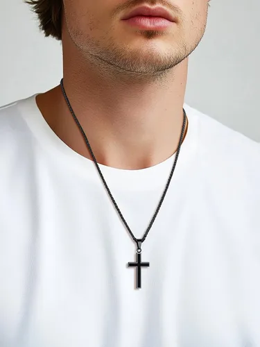 Vista 9 de U7 Collar de cruz simple para hombres y mujeres, acero inoxidable, plateado, negro, oro, cruz latina, colgante, grabable, longitud de 22 a 24