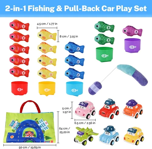 Vista 2 de Goldge Juguetes Montessori 2 en 1 para niños de 1 año - Juego de pesca para niños pequeños con tazas apilables y autos abatibles, juguete