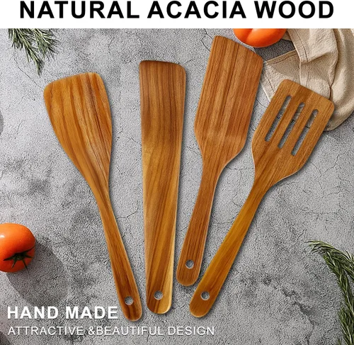 Vista 7 de Espátula de madera de acacia para cocinar cuchara no tóxica juego de 4 piezas