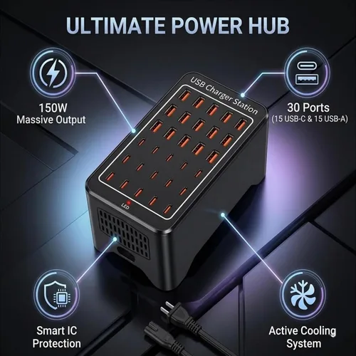 Vista 2 de Estación de carga USB C de 150 W, cargador rápido de múltiples dispositivos de 30 puertos (15 USB-C + 15 USB-A), cargador de escritorio, compatible