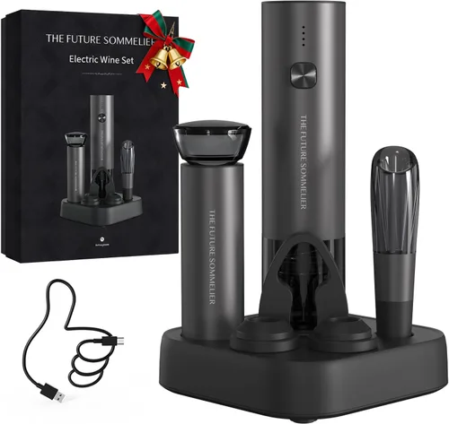 Vista 11 de CIRCLE JOY Abrevino eléctrico recargable 5 en 1 acero inoxidable juego de regalo de vino con cortador de aluminio, vertedor aireador de vino, anillo
