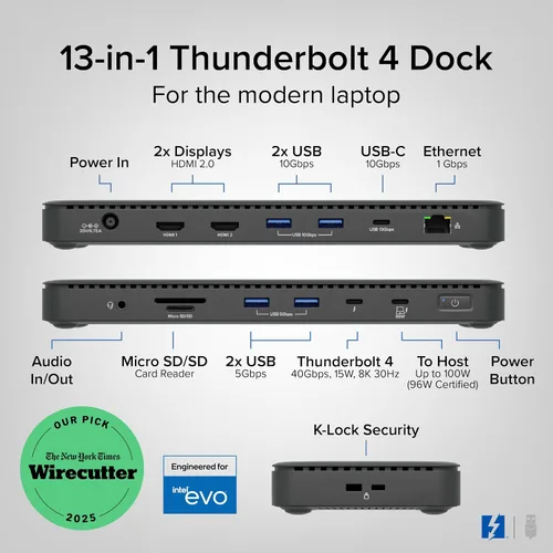 Vista 2 de Plugable Base de Conexión Thunderbolt 4 con Carga de 100W, Certificado Thunderbolt, Estación de Acoplamiento para Laptop con Monitor Dual Único 8K