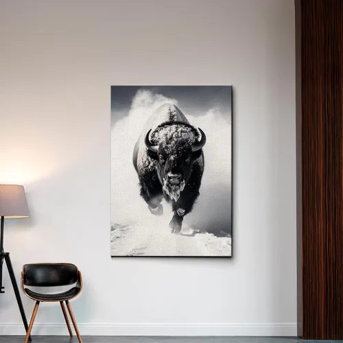 Vista 3 de Lienzo enmarcado para pared, diseño de búfalo de bisonte blanco y negro, animales de paisaje, vida silvestre, arte digital, realismo, decorativo