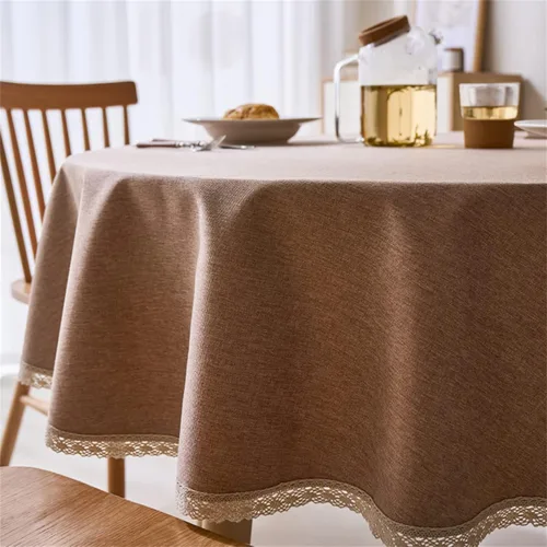 Vista 8 de Dimatic Mantel redondo con textura de lino con ribete de encaje, impermeable, a prueba de derrames, para decoración de mesa de cocina, comedor, Beige