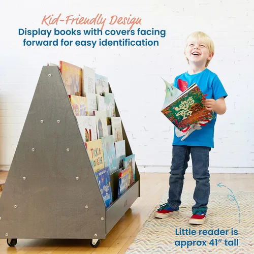 Vista 5 de ECR4Kids Mobile Double-Sided 10-Shelf Wooden Book Display, Grey Wash Durable birch, GREENGUARD Gold Certified, 40lb capacity, 10 shelves for