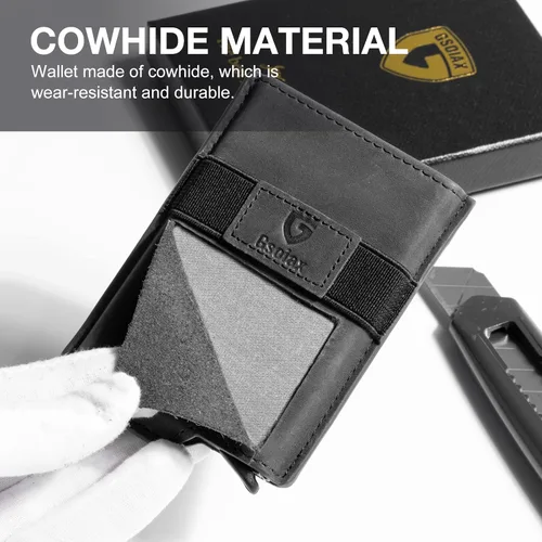 Vista 5 de GSOIAX Cartera delgada para hombre, piel auténtica, piel vacuna minimalista con bloqueo RFID y caja de regalo, Negro -, Slim