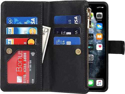 Vista 5 de Funda cruzada para iPhone 11 Pro Max con correa, 6.5 pulgadas, color negro for Women Men,Credit Card Holder,9 Card Slots,Purse,Long Shoulder