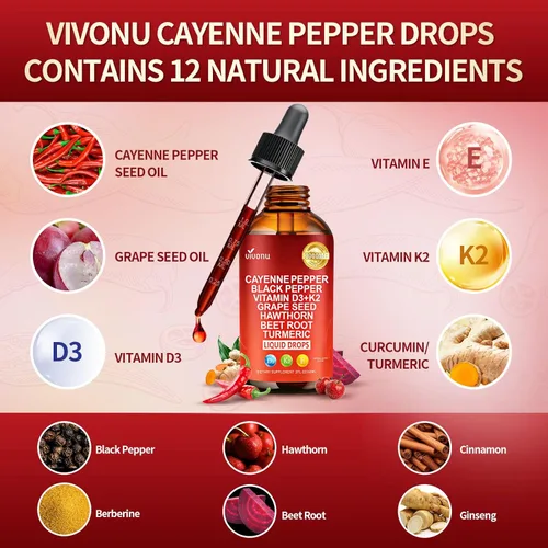 Vista 3 de Suplemento líquido de gotas de pimienta de cayena + tecnología liposomal 98% de absorción, soportes* vena de piernas, corazón y vasos sanguíneos*