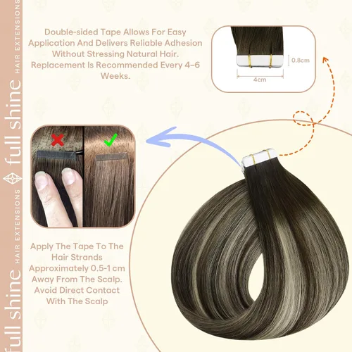 Vista 18 de Full Shine - Extensiones de cabello humano con cinta, mezcla de rubio hongo # 8 castaño ceniza resaltado 60 rubio ceniza