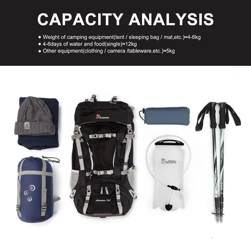 Vista 5 de MOUNTAINTOP 70L - Mochila con marco interno para camping, senderismo, mochila para hombres y mujeres con cubierta de lluvia Negro-70L