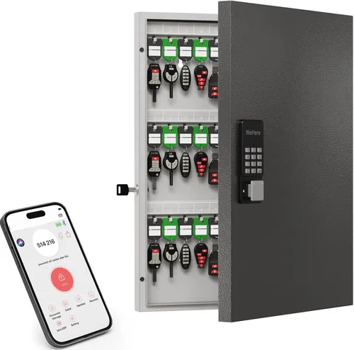 Vista 14 de Caja de 32 llaves con cerradura para llaves – Armario de llaves montado en la pared con doble cerradura (combinación de llave y 3 dígitos), estantes
