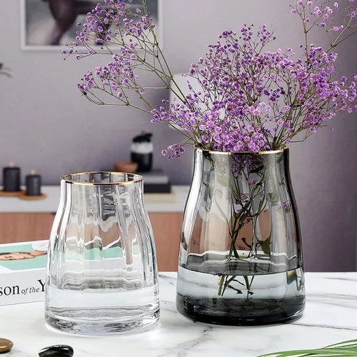 Vista 3 de VanEnjoy Florero de cristal gris simple transparente de 7 pulgadas, jarrón decorativo con borde dorado, decoración del hogar para centro de mesa