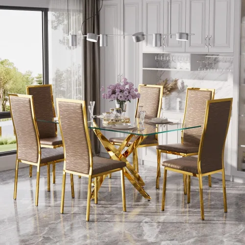 Vista 15 de Juego de mesa de comedor de cristal dorado moderno de 63 pulgadas para 6, juego de mesa de cocina rectangular de 7 piezas con patas de acero Negro