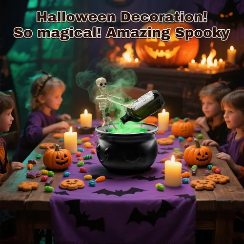 Vista 3 de Decoraciones de Halloween para interiores, caldero con botellas de poción flotantes mágicas y difusor, cuenco de brujas de plástico negro