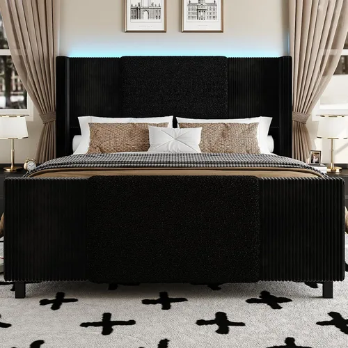 Vista 7 de Lihimte Marco de cama tamaño Queen con cabecera alta y estribo, marco de cama tapizado en bouclé y corduroy con luces LED, marco de cama de Negro