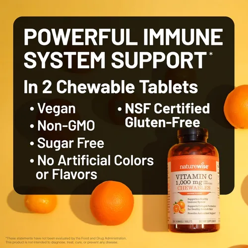 Vista 3 de NatureWise Vitamina C masticable extra fuerte 1000 mg para adultos, sabor natural a naranja, sistema inmunológico y apoyo antioxidante, sin OMG