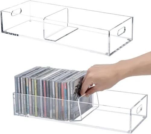 Vista 12 de MyGift Soporte rack moderno premium de CD apilable de acrílico transparente con asas de transporte recortadas, caja de exhibición para estuches